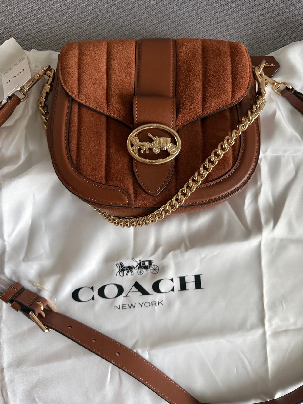 Coach Giorgia  Suede and Leather Crossbody in Chestnut Brown with Gold Chain